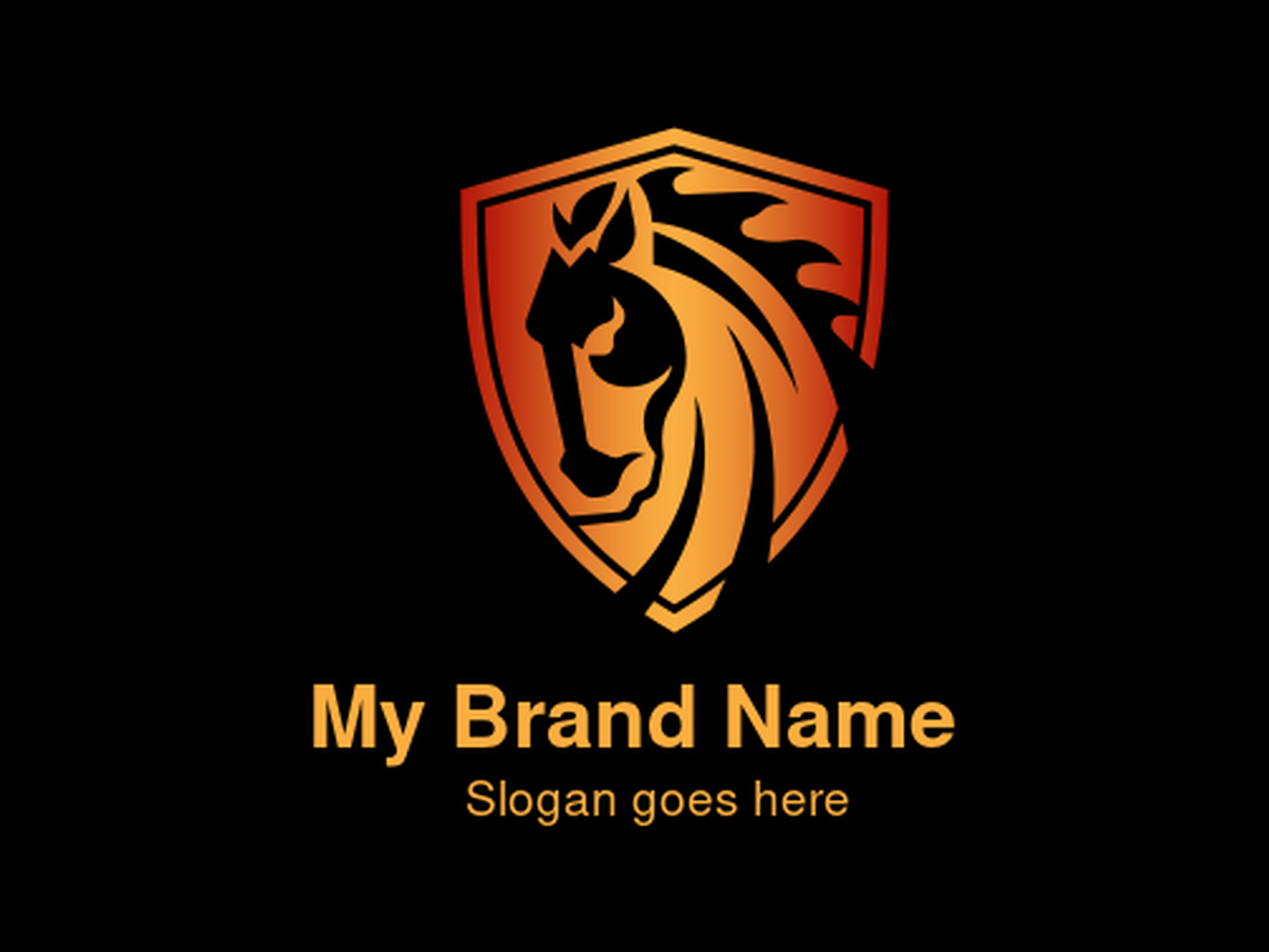 Gradient Orange and Red Horse Head Shield Logo - Strength, Speed & Equestrian Sport Symbol